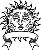 traditional black linework tattoo with banner of a sun with face vector