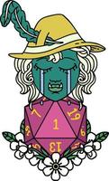 Retro Tattoo Style sad half orc bard character with natural one d20 roll vector