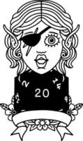 Black and White Tattoo linework Style elf rogue character with natural twenty dice roll vector