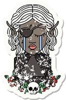 Retro Tattoo Style crying elf rogue character face with natural one D20 roll vector