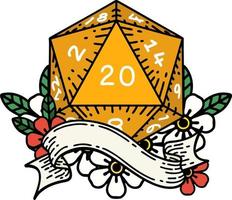 Retro Tattoo Style natural twenty D20 dice roll vector