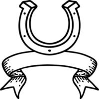 traditional black linework tattoo with banner of a horse shoe vector