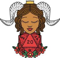 Retro Tattoo Style tiefling with natural twenty d20 dice roll vector