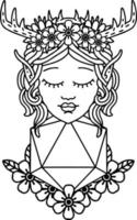 Black and White Tattoo linework Style elf druid character with nautral twenty dice roll vector