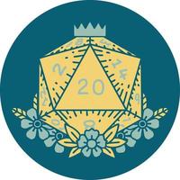 Retro Tattoo Style natural 20 D20 dice roll with floral elements vector