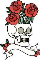 tatuaje tradicional con pancarta de calavera y rosas vector