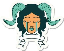 sticker of a crying tiefling character face with scroll banner vector