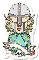 grunge sticker of a crying elf fighter character face with natural one D20 roll vector