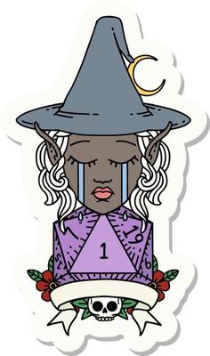 sticker of a crying elf mage character with natural one dice roll