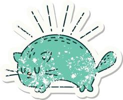 worn old sticker of a tattoo style happy cat vector