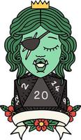 Retro Tattoo Style half orc rogue character with natural twenty dice roll vector