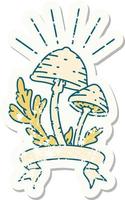 worn old sticker of a tattoo style mushrooms vector