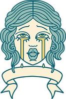 traditional tattoo with banner of a very happy crying female face vector