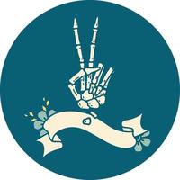 icono de estilo tatuaje con pancarta de un esqueleto dando un signo de paz vector