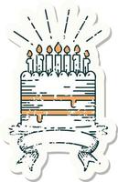 worn old sticker of a tattoo style birthday cake vector