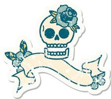 worn old sticker with banner of a skull and rose vector