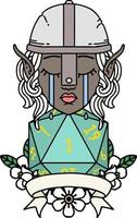 Retro Tattoo Style crying elf fighter character face with natural one D20 roll vector