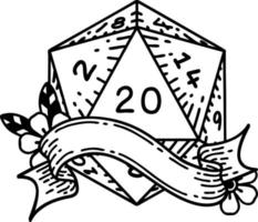Black and White Tattoo linework Style natural twenty D20 dice roll vector