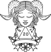 Black and White Tattoo linework Style tiefling with natural twenty dice roll vector