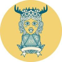 Retro Tattoo Style orc druid character with natural twenty dice roll vector