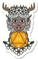 sticker of a elf druid character with nautral twenty dice roll vector