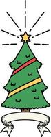 scroll banner with tattoo style christmas tree with star vector