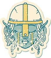 Retro Tattoo Style crying elven fighter character face vector