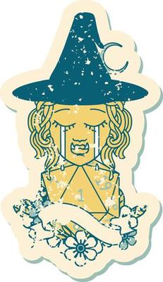 Retro Tattoo Style crying orc witch with natural one D20 roll