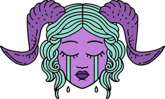 Retro Tattoo Style crying tiefling character face vector