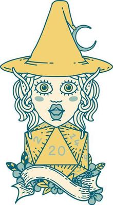 Retro Tattoo Style elf mage character with natural twenty dice roll