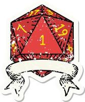 grunge sticker of a natural one d20 dice roll vector