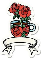 tattoo style sticker with banner of a cup and flowers vector