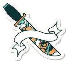 tattoo style sticker with banner of a dagger and flowers vector