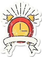 worn old sticker of a tattoo style ringing alarm clock vector