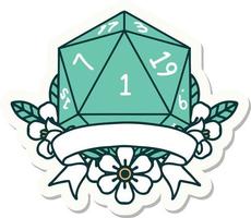 sticker of a natural one d20 dice roll vector