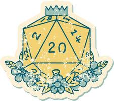 grunge sticker of a natural 20 D20 dice roll with floral elements vector