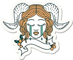 sticker of a crying tiefling character face with scroll banner vector