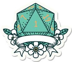 sticker of a natural one d20 dice roll vector