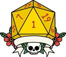 Retro Tattoo Style natural one d20 dice roll vector