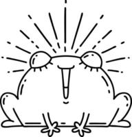 ilustración de una rana feliz de estilo de tatuaje de línea negra tradicional vector