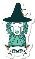 sticker of a crying half orc witch character with natural one roll vector