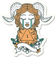 crying tiefling with natural one D20 roll sticker vector