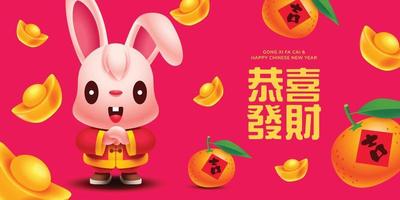 2023 chinese new year banner with cute rabbit zodiac greeting hands cartoon character vector