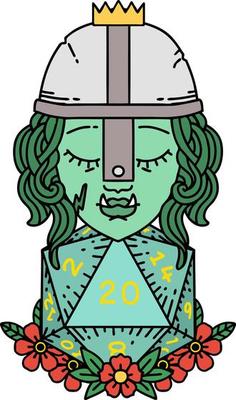 orc fighter character with natural twenty dice roll illustration
