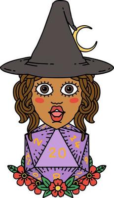 human witch with natural twenty dice roll illustration