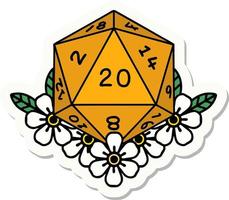 natural 20 D20 dice roll with floral elements sticker vector