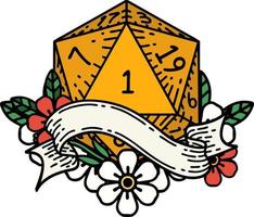 natural one d20 dice roll illustration vector