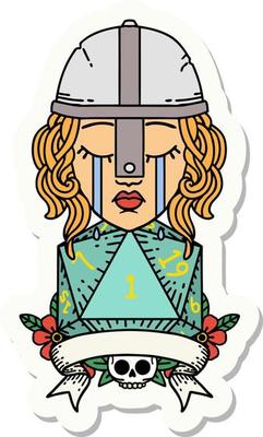 crying human fighter with natural one D20 dice sticker