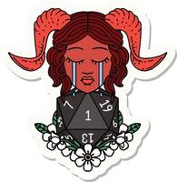 crying tiefling character with natural one D20 dice roll sticker vector