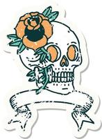 grunge sticker with banner of a skull and rose vector